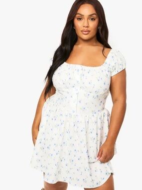 Boohoo White Floral Puff Sleeve Mini Dress with Blue Print